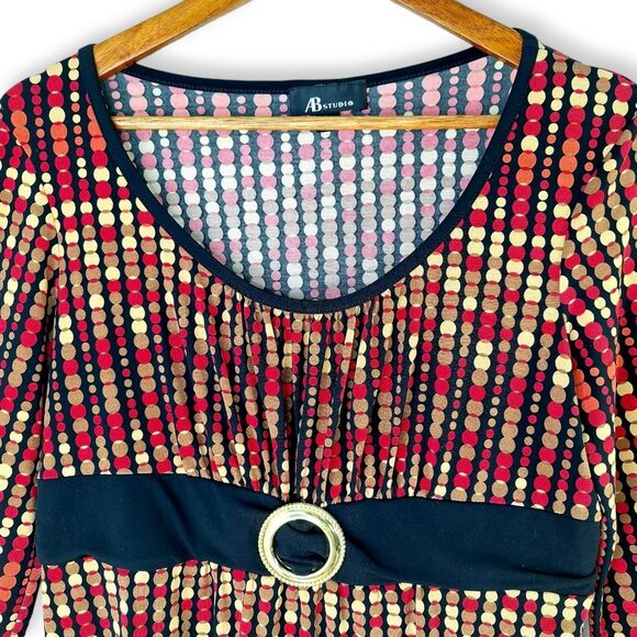 AB Studio Red Gold Black Faux Belt Polkadot Circles Blouse Italian Mob Wife Sz L - Picture 2 of 11